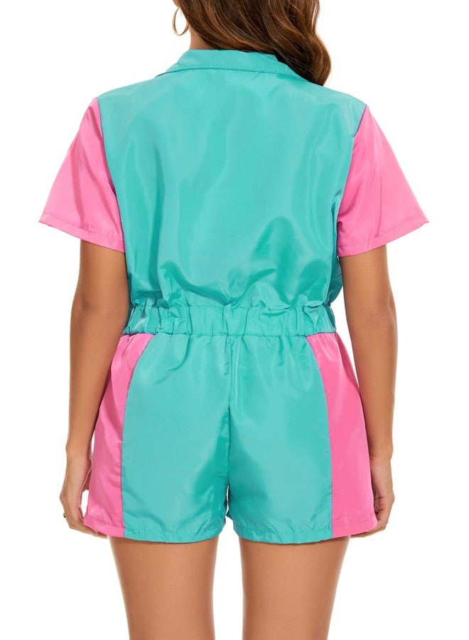 Yisfri Women 80's 90's Retro One Piece Zipper Jumpsuit Theme Party Outfits Windbreaker Rompers Tracksuit (Cyan, S) - Image 4